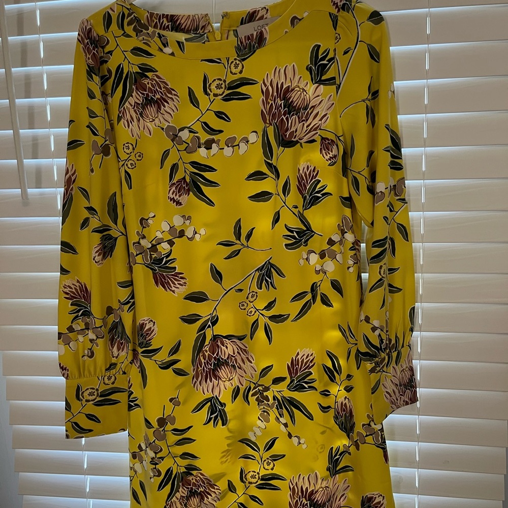 Loft shift dress yellow floral long sleeve